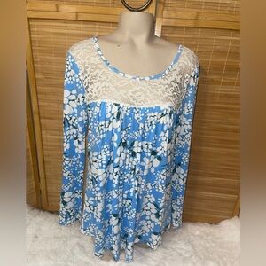 Bishuige blue lace floral long sleeve blouse feminine shirt top NWT medium